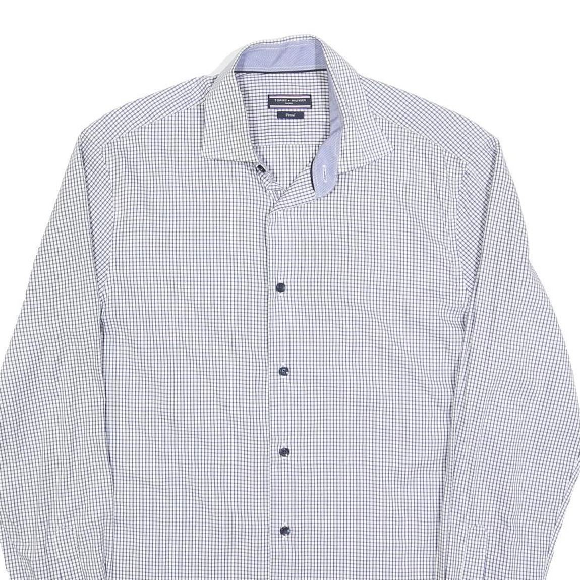 TOMMY HILFIGER Mens Blue & White Checked Shirt M Cotton Blend Classic Fit Smart