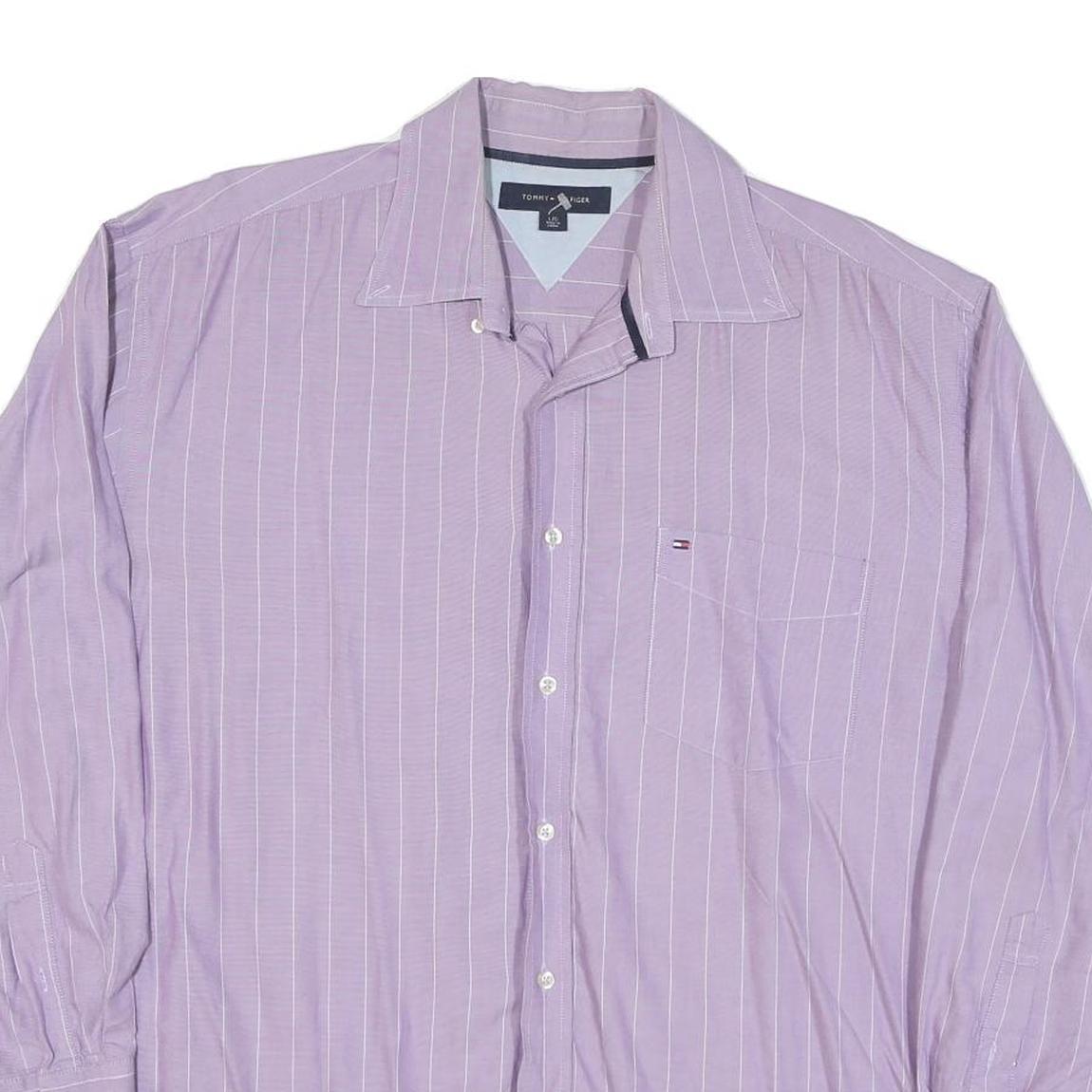 TOMMY HILFIGER Mens Purple & White Stripe Shirt L Button Long Sleeve Casual