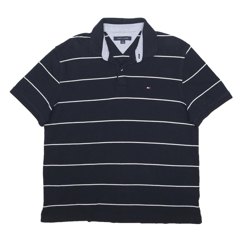 TOMMY HILFIGER Mens Navy Blue & White Striped Short Sleeve Polo Shirt L Cotton