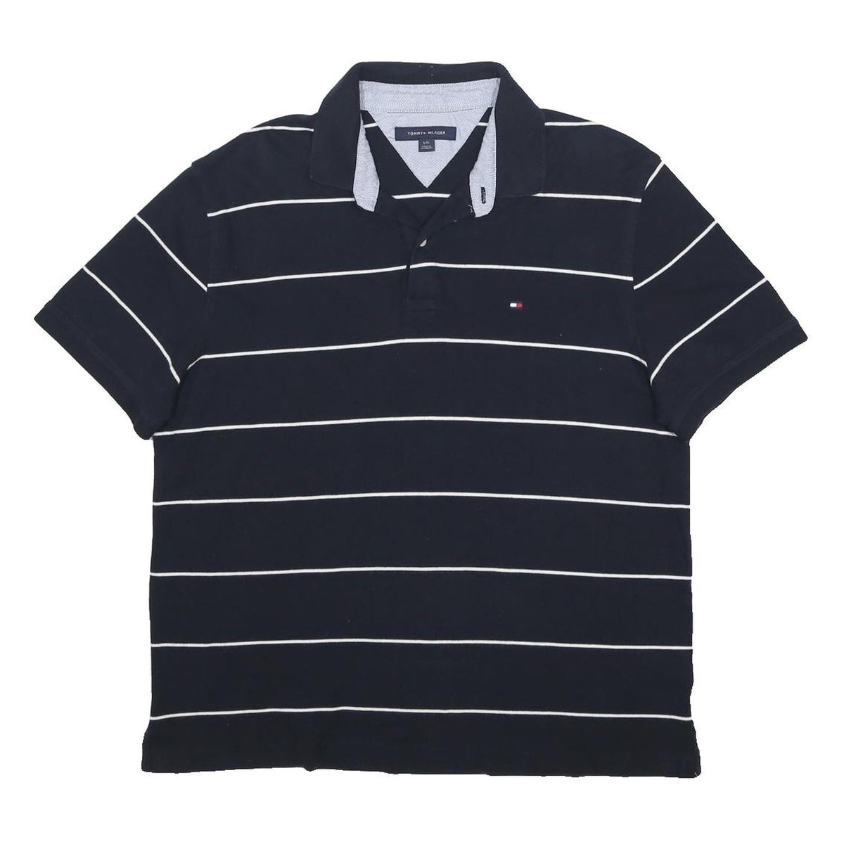 TOMMY HILFIGER Mens Navy Blue & White Striped Short Sleeve Polo Shirt L Cotton