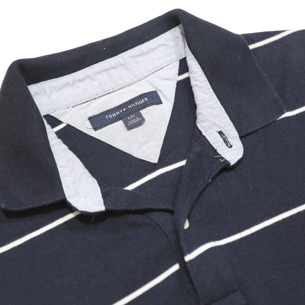 TOMMY HILFIGER Mens Navy Blue & White Striped Short Sleeve Polo Shirt L Cotton