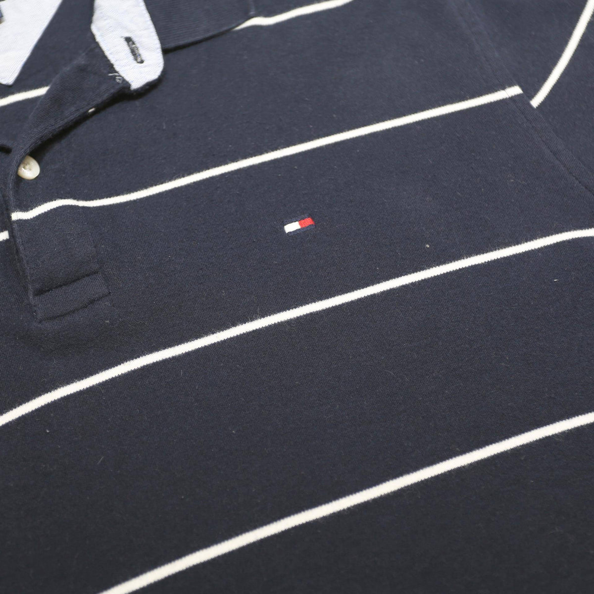 TOMMY HILFIGER Mens Navy Blue & White Striped Short Sleeve Polo Shirt L Cotton