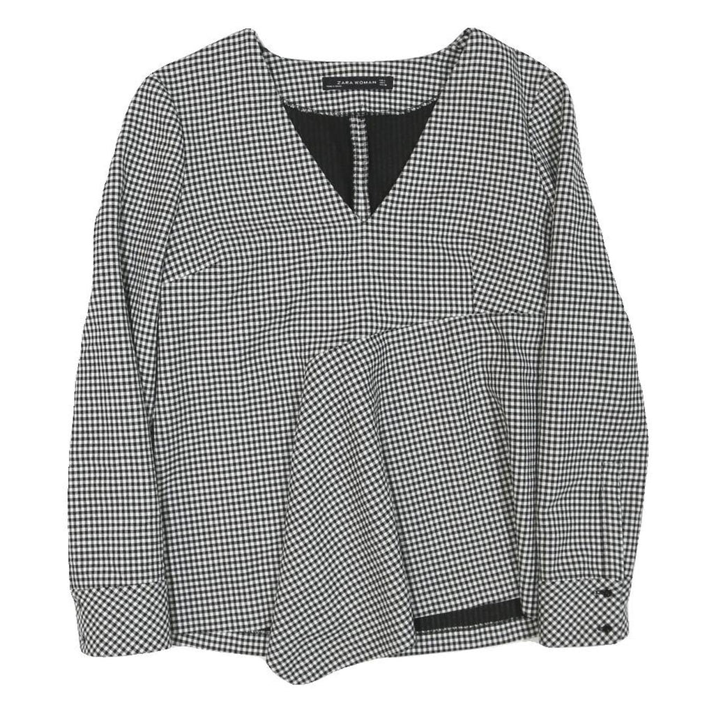 ZARA Womens Black & White Check Printed Blouse Long Sleeve V-Neck L Peplum