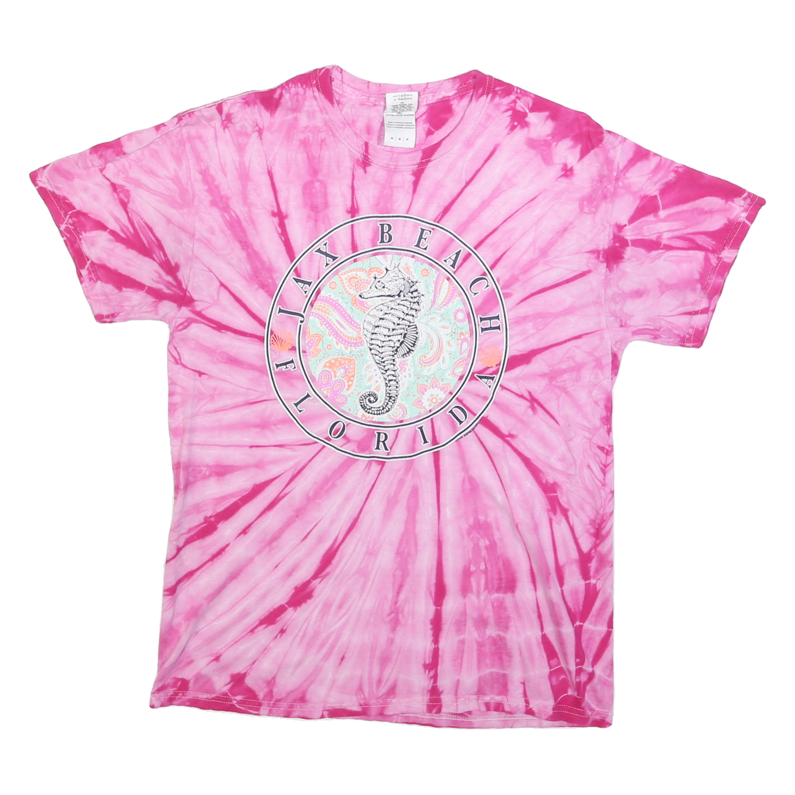 GILDAN Womens Pink Tie Dye Jax Beach Florida Graphic T-Shirt M Crew Neck Short