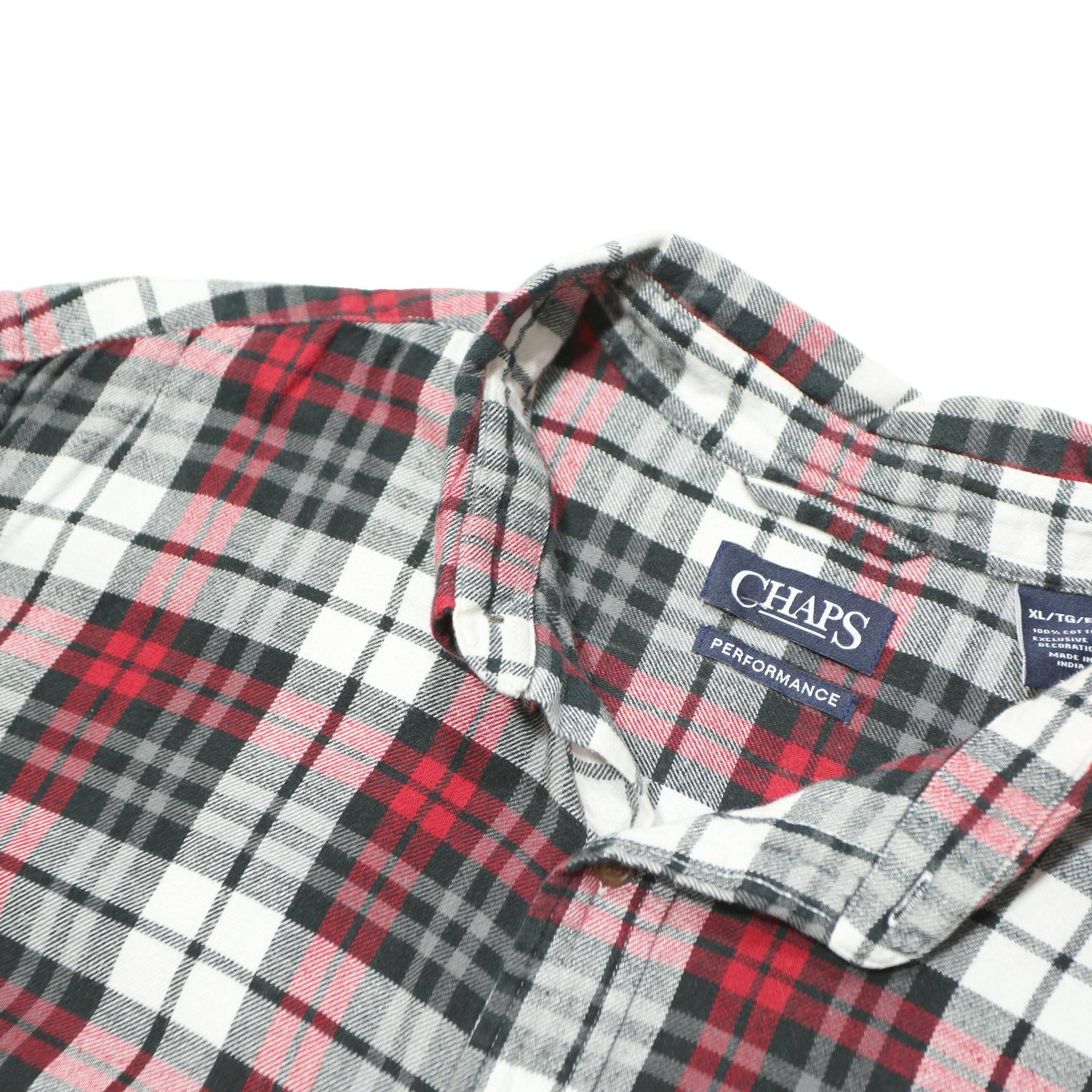 CHAPS Mens Red Black White Plaid Shirt XL Cotton Long Sleeve Casual