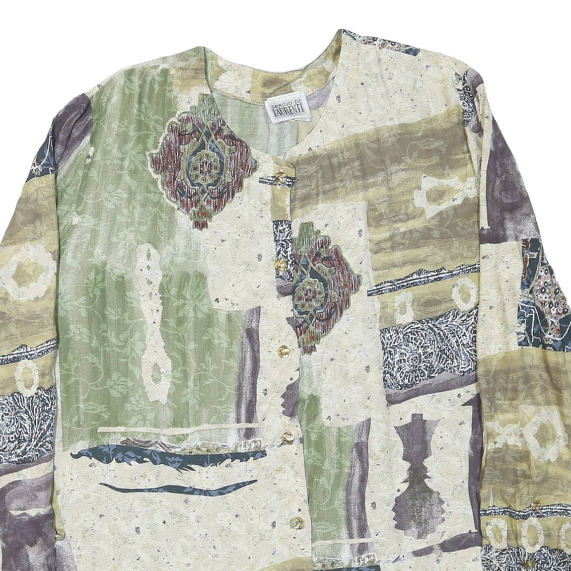 SERGIO DI LAURENTI Womens Green & Beige Printed Long Sleeve Button Neck Top L
