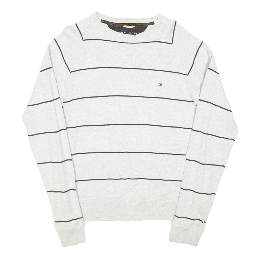 TOMMY HILFIGER Mens White & Black Stripe Pattern Plain Crew Neck Cotton Blend