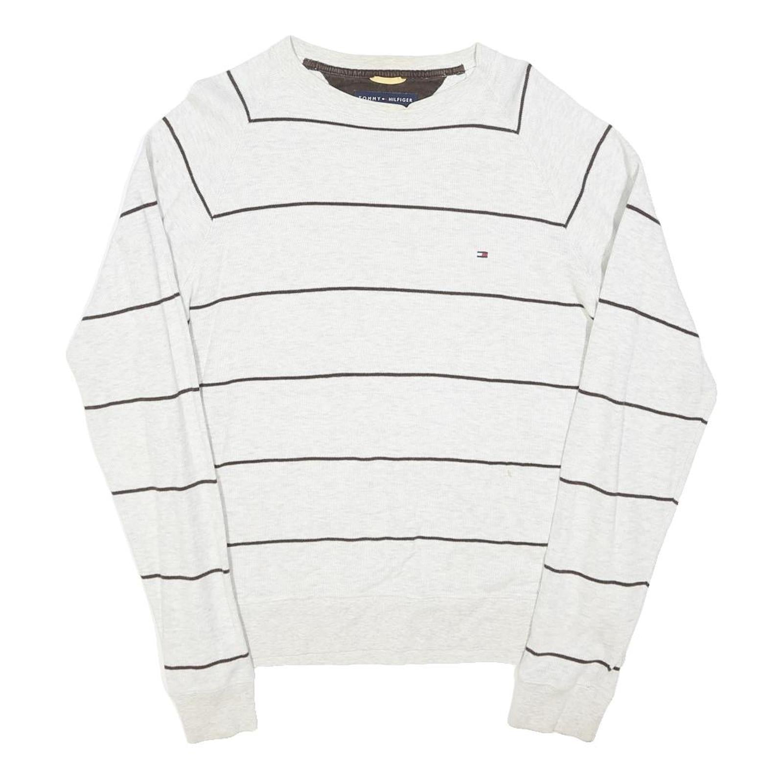 TOMMY HILFIGER Mens White & Black Stripe Pattern Plain Crew Neck Cotton Blend