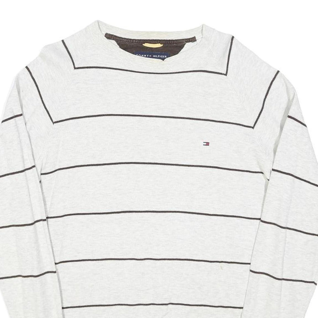 TOMMY HILFIGER Mens White & Black Stripe Pattern Plain Crew Neck Cotton Blend