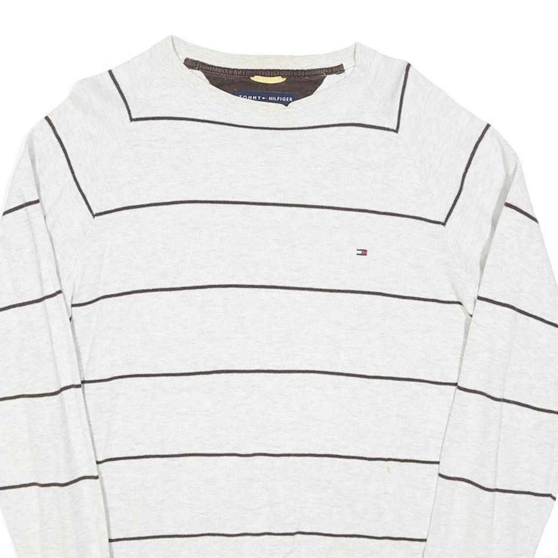 TOMMY HILFIGER Mens White & Black Stripe Pattern Plain Crew Neck Cotton Blend