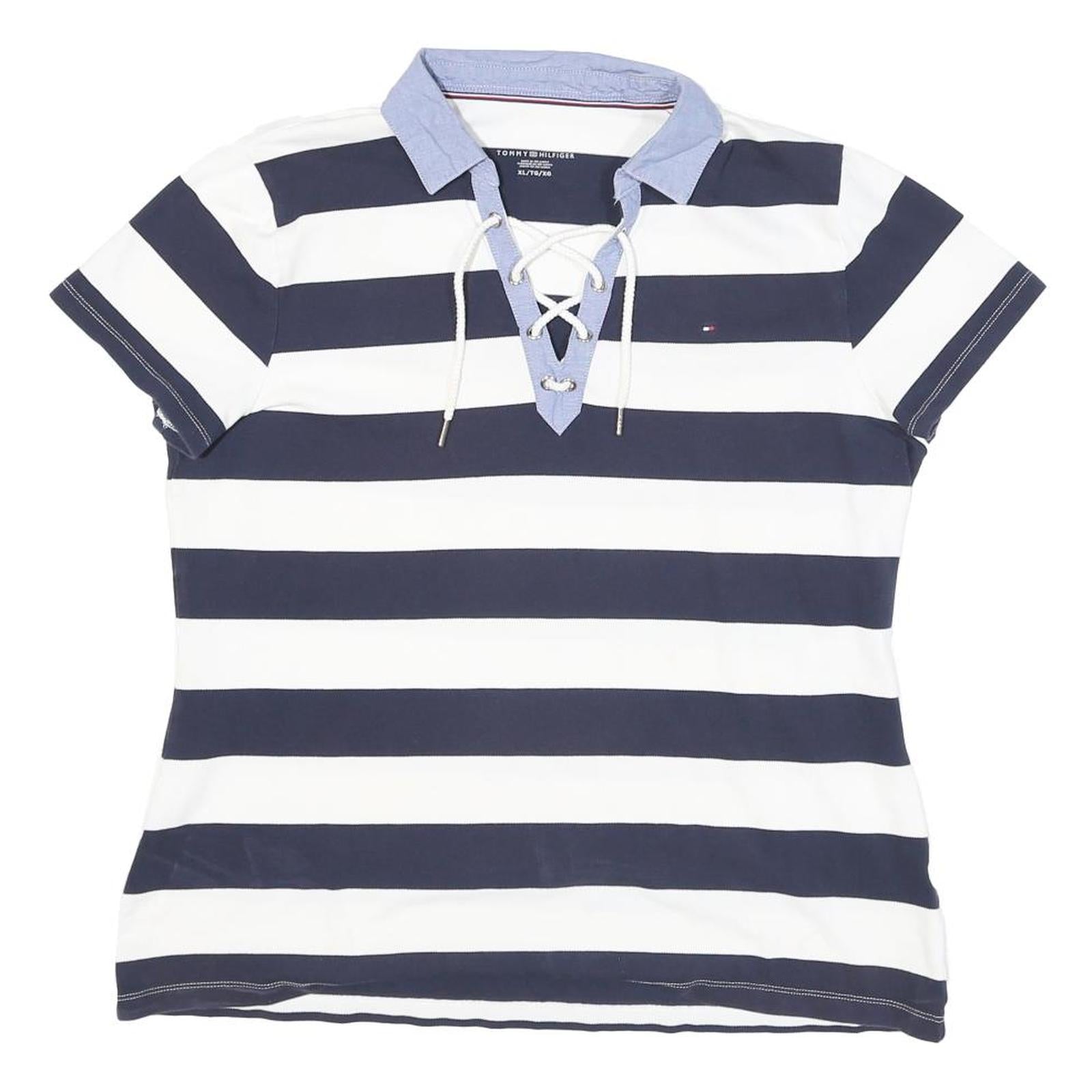 TOMMY HILFIGER Womens Blue & White Stripe Short Sleeve Polo Shirt XL Lace Up