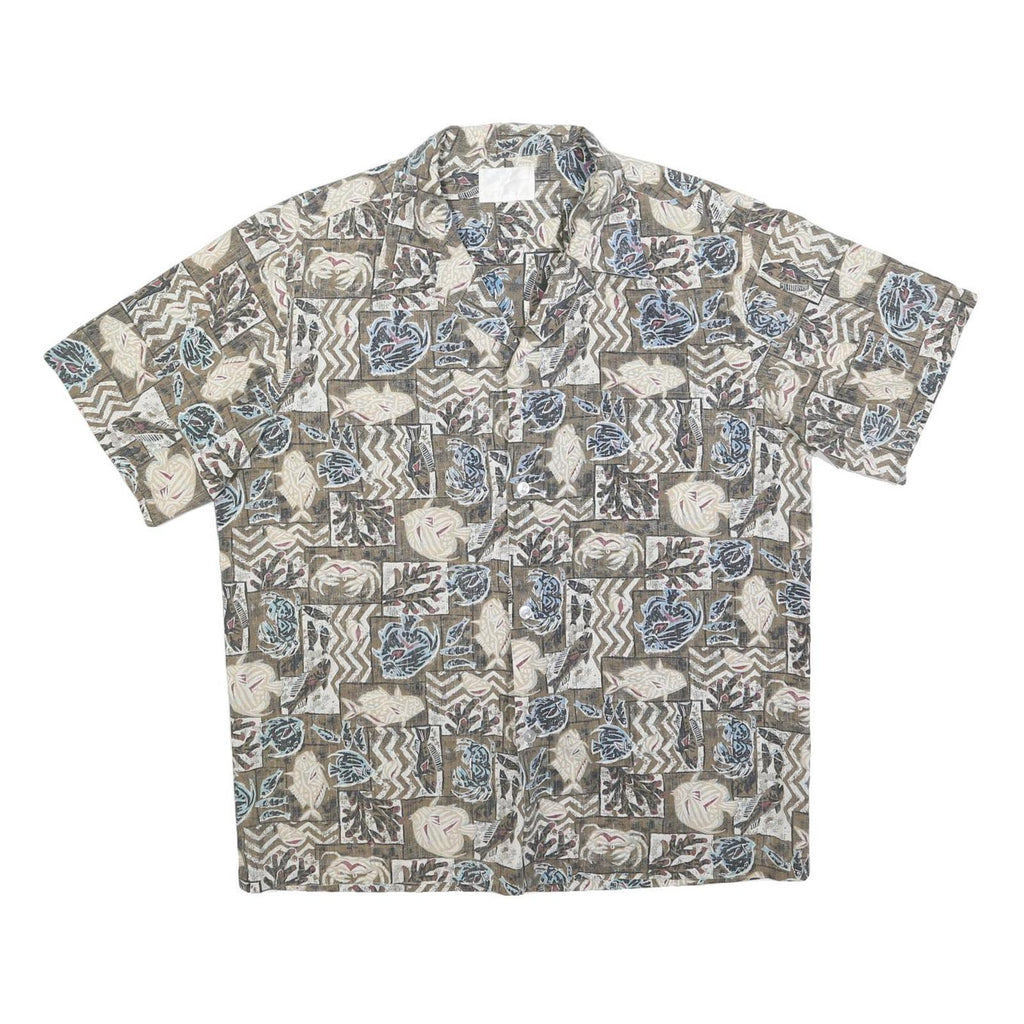 Mens Brown Beige Pattern Cotton Blend Shirt M Casual Summer Beachwear