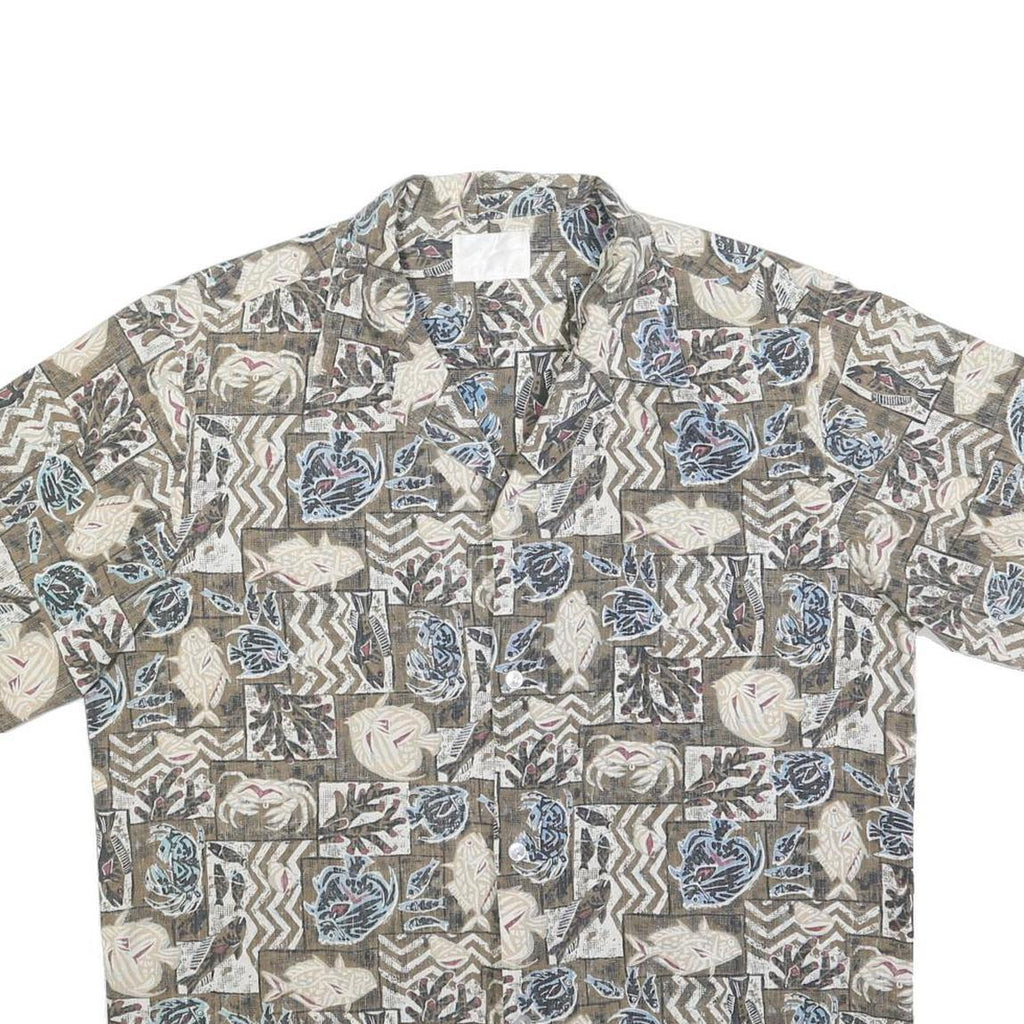 Mens Brown Beige Pattern Cotton Blend Shirt M Casual Summer Beachwear