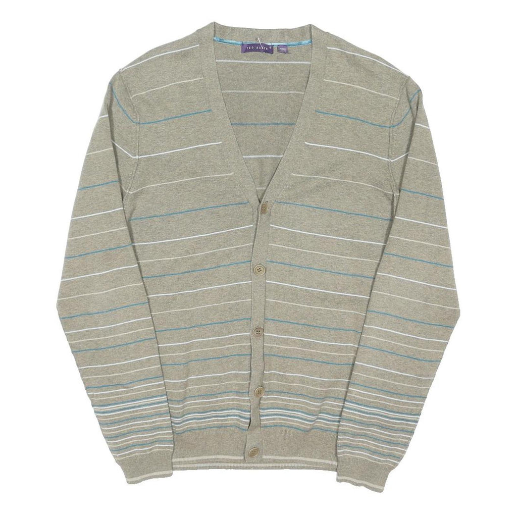 TED BAKER Mens Beige & Blue Patterned Button Up Jumper V Neck Basic Knit XL