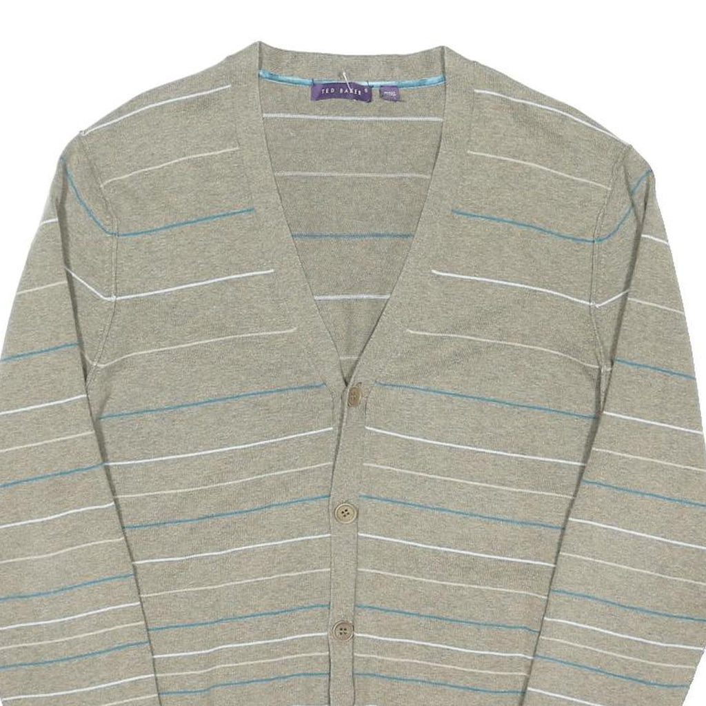 TED BAKER Mens Beige & Blue Patterned Button Up Jumper V Neck Basic Knit XL