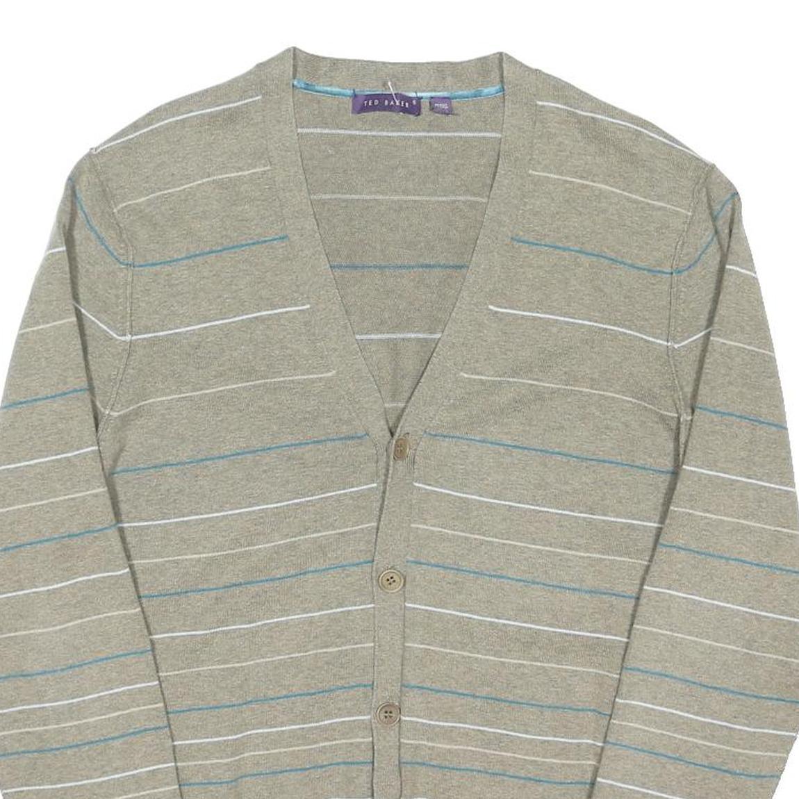 TED BAKER Mens Beige & Blue Patterned Button Up Jumper V Neck Basic Knit XL