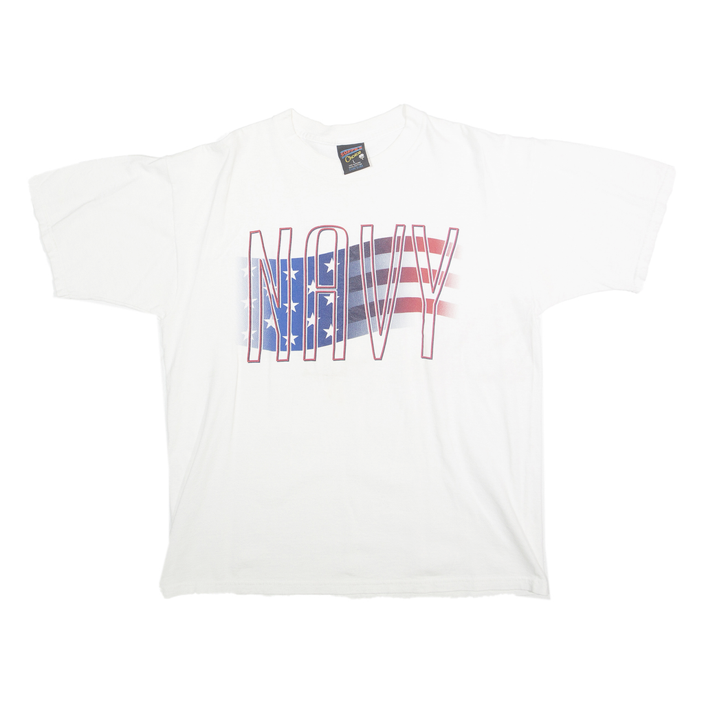 SOFFES CHOICE Mens White Navy Graphic T-Shirt L Short Sleeve Crew Neck Cotton
