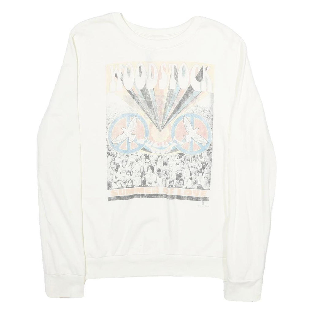 MIGHTYFINE Mens White Woodstock Graphic Crew Neck L Cotton Sweatshirt