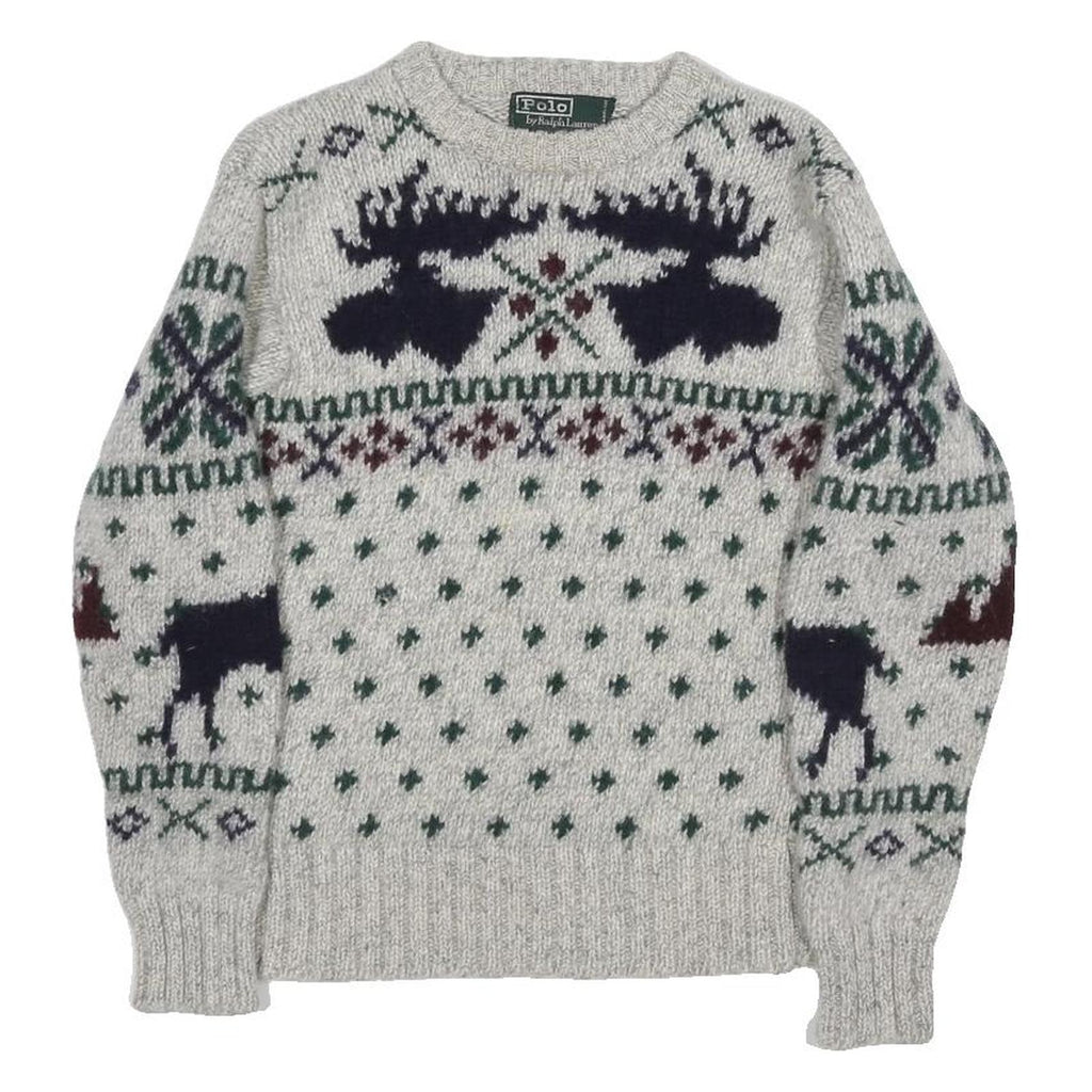POLO RALPH LAUREN Fair Isle Moose Womens Grey Wool Patterned Chunky Knit XS