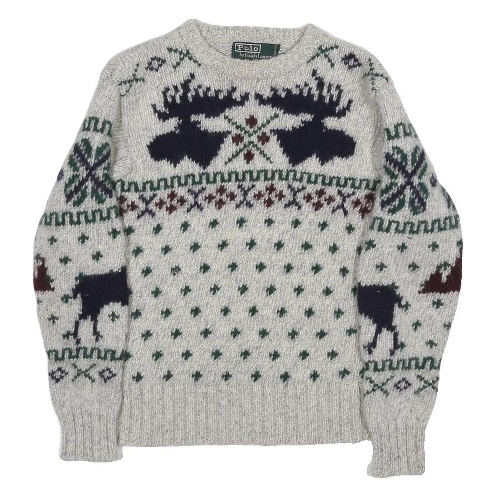 POLO RALPH LAUREN Fair Isle Moose Womens Grey Wool Patterned Chunky Knit XS