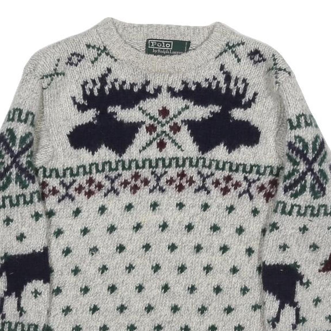 POLO RALPH LAUREN Fair Isle Moose Womens Grey Wool Patterned Chunky Knit XS