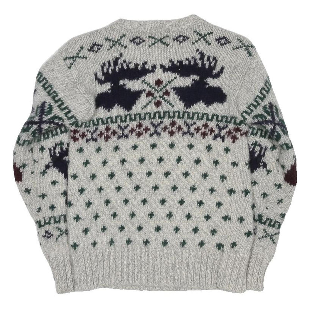 POLO RALPH LAUREN Fair Isle Moose Womens Grey Wool Patterned Chunky Knit XS