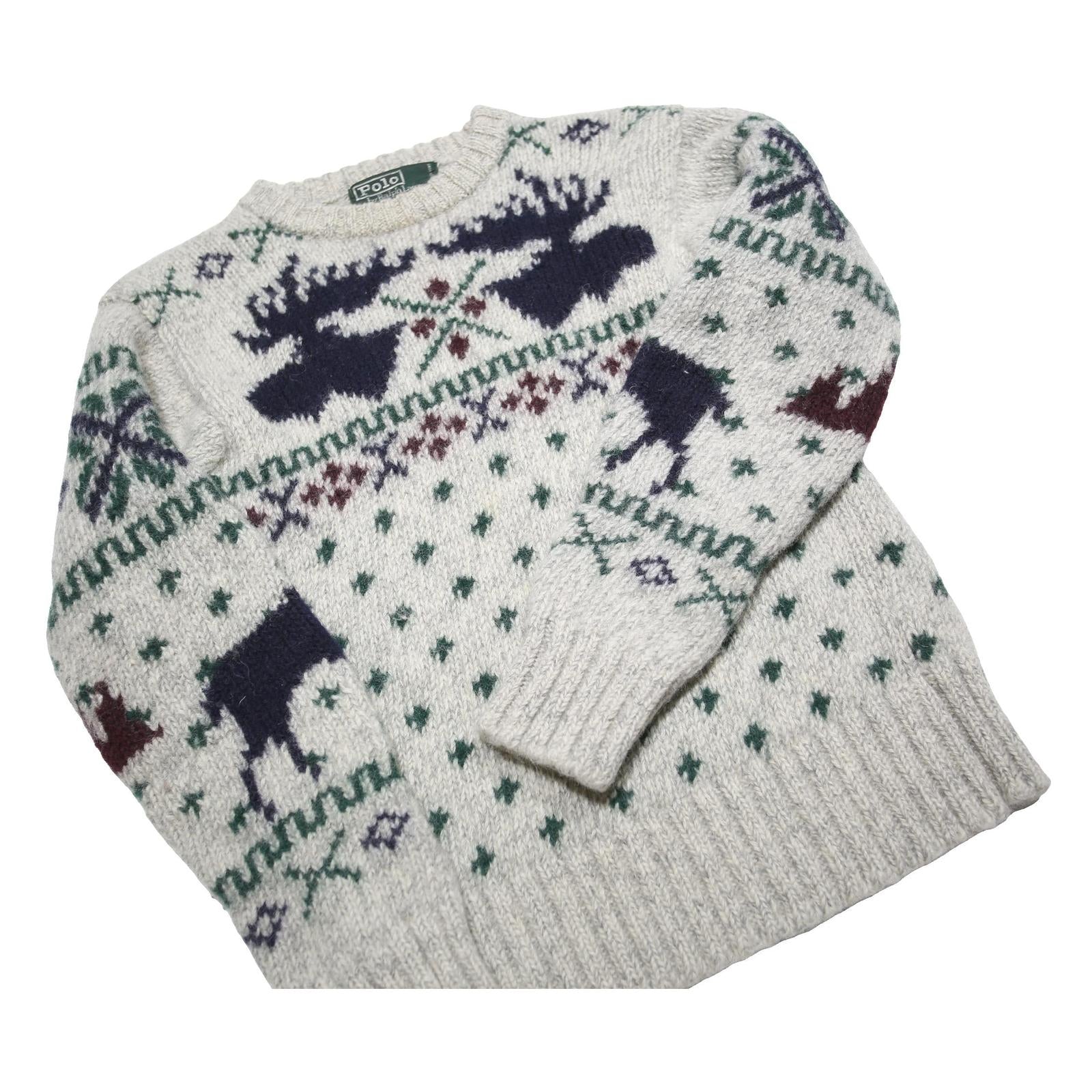 POLO RALPH LAUREN Fair Isle Moose Womens Grey Wool Patterned Chunky Knit XS