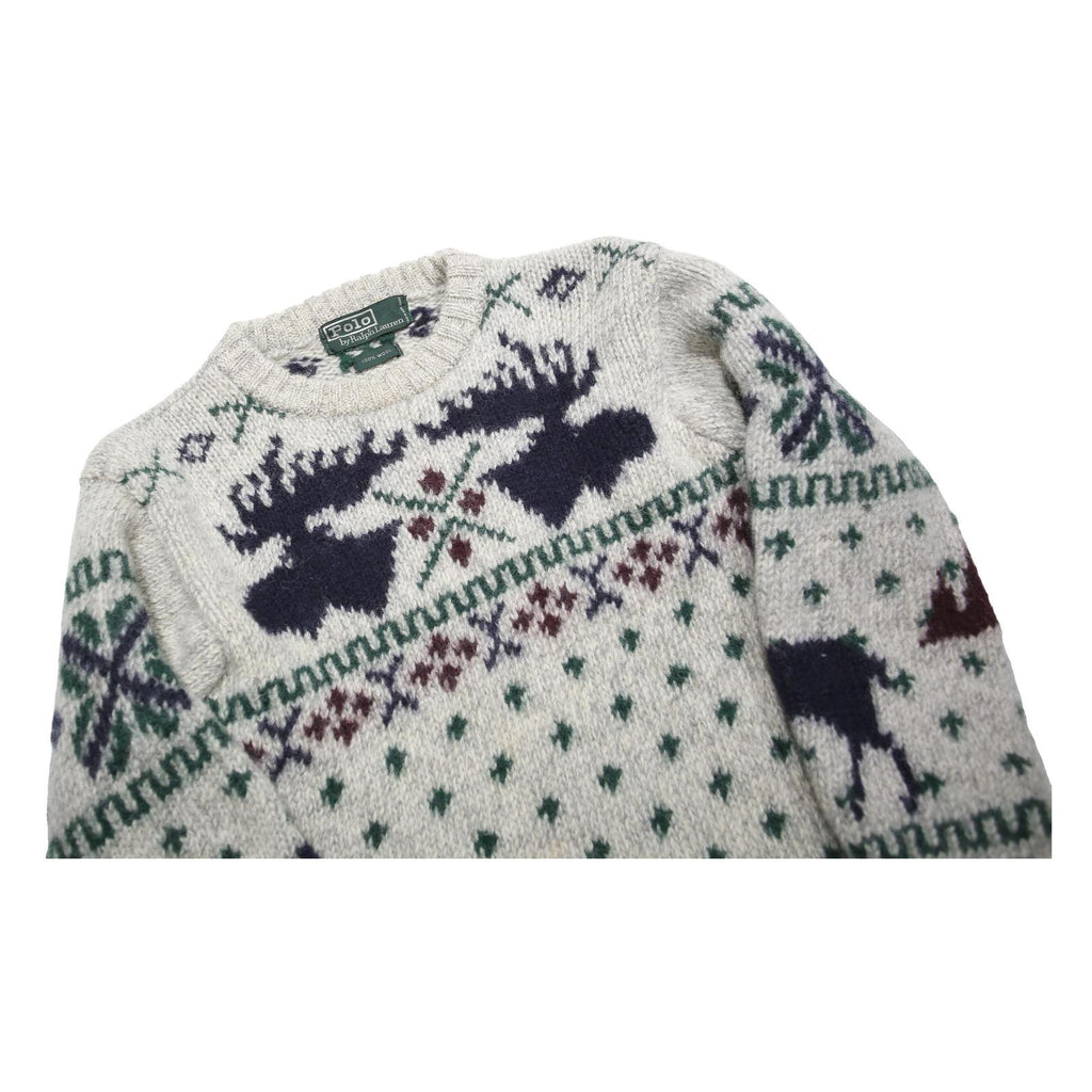 POLO RALPH LAUREN Fair Isle Moose Womens Grey Wool Patterned Chunky Knit XS