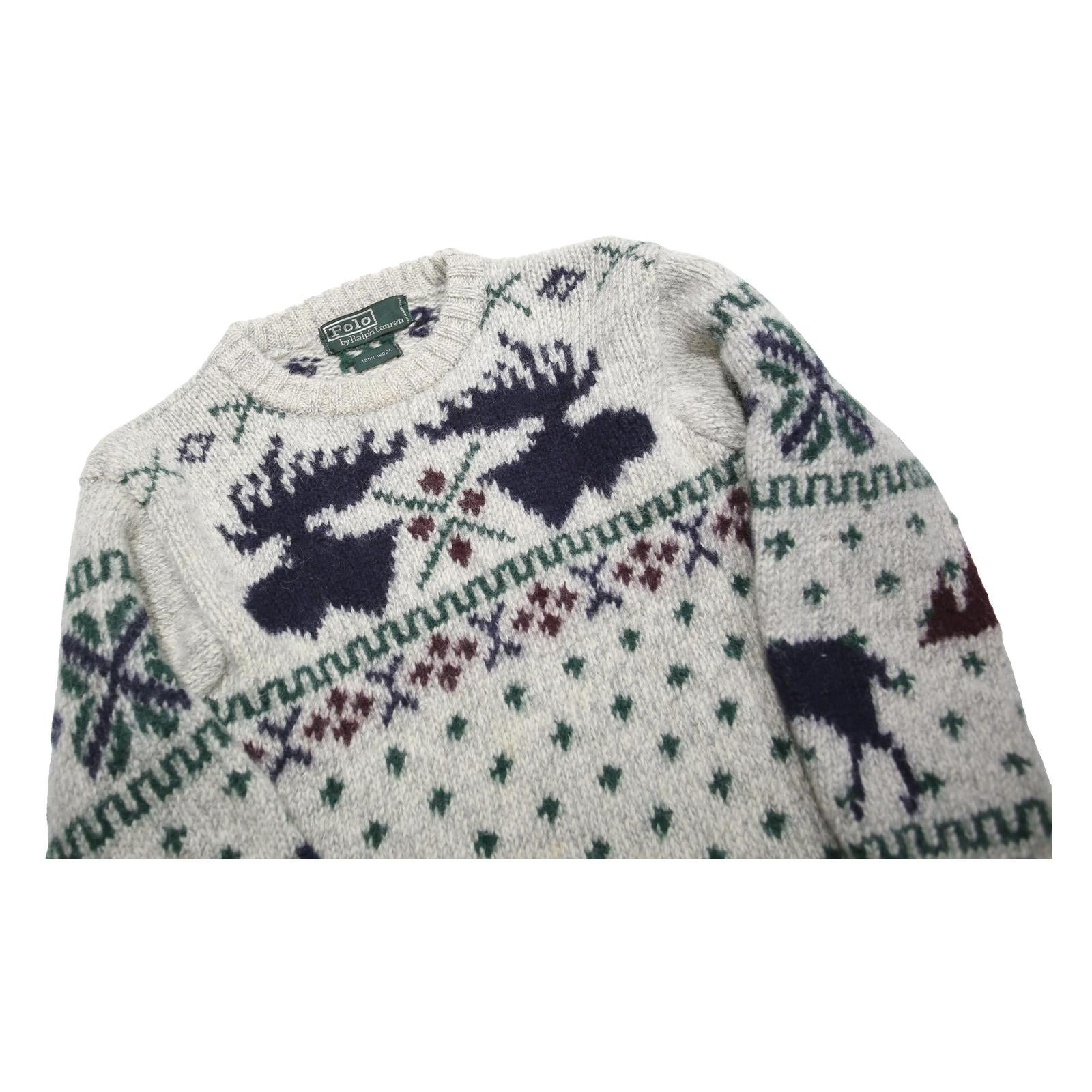 POLO RALPH LAUREN Fair Isle Moose Womens Grey Wool Patterned Chunky Knit XS
