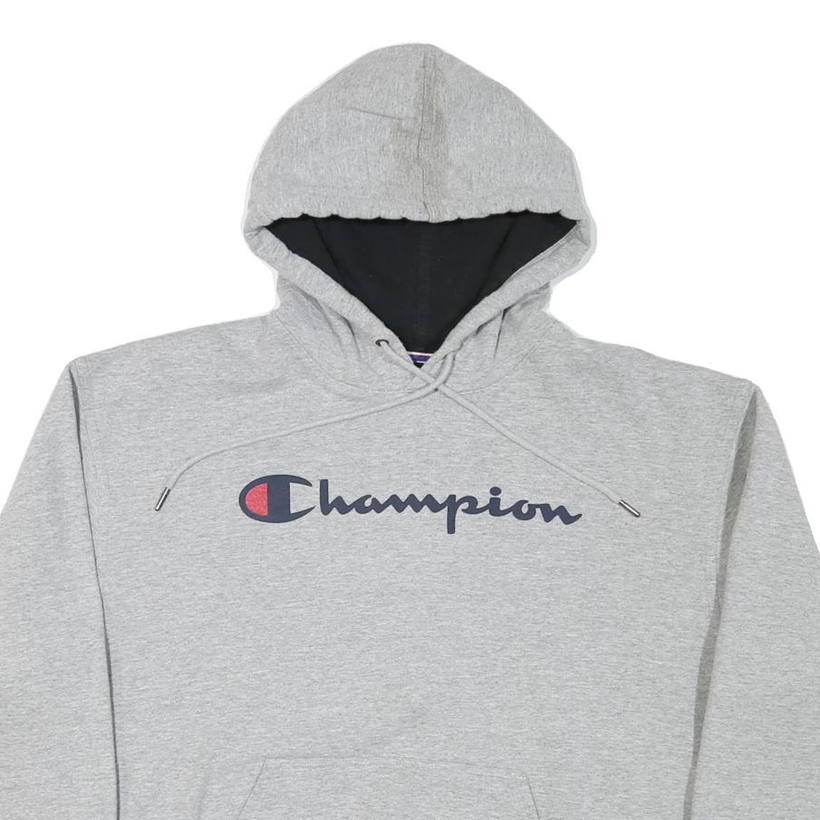 CHAMPION Mens Grey Hoodie L Cotton Blend Pullover Drawstring Casual Sweatshirt