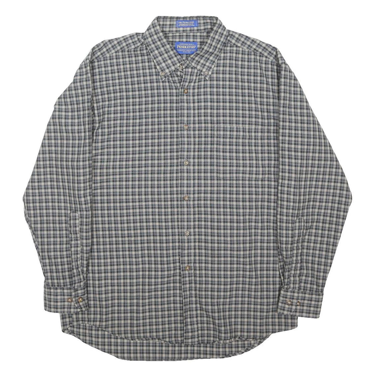 PENDLETON Mens Grey Blue Check Shirt L Cotton Blend Button Down Collar Long