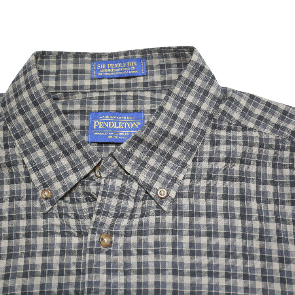 PENDLETON Mens Grey Blue Check Shirt L Cotton Blend Button Down Collar Long