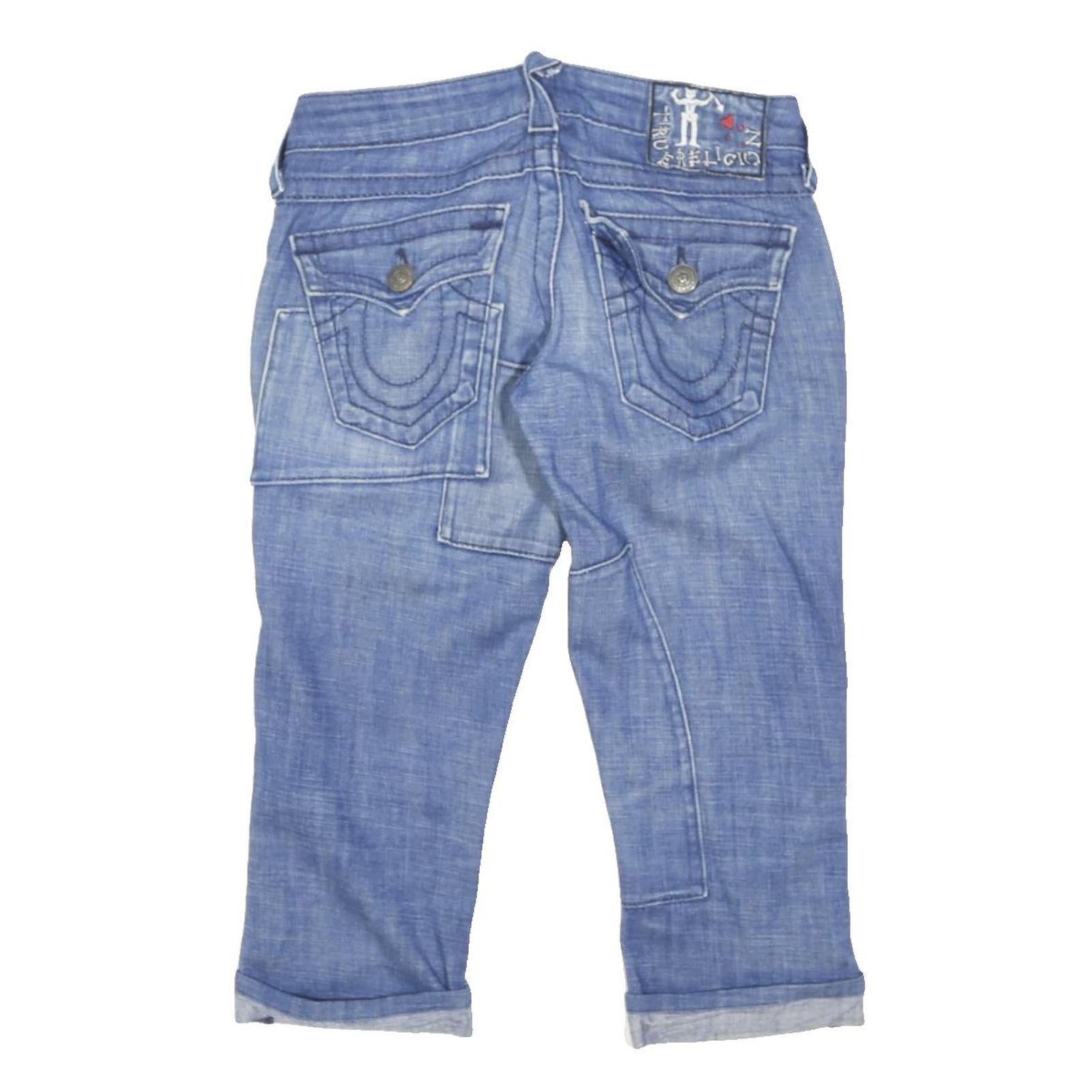 TRUE RELIGION Womens Denim Blue Patchwork Shorts S W28 Cotton Blend Casual