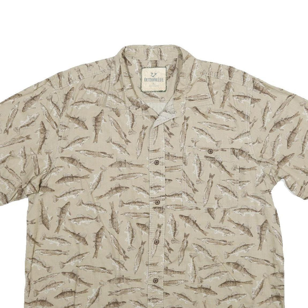 OUTDOOR LIFE Mens Beige Fish Pattern Short Sleeve Cotton Shirt XL Casual