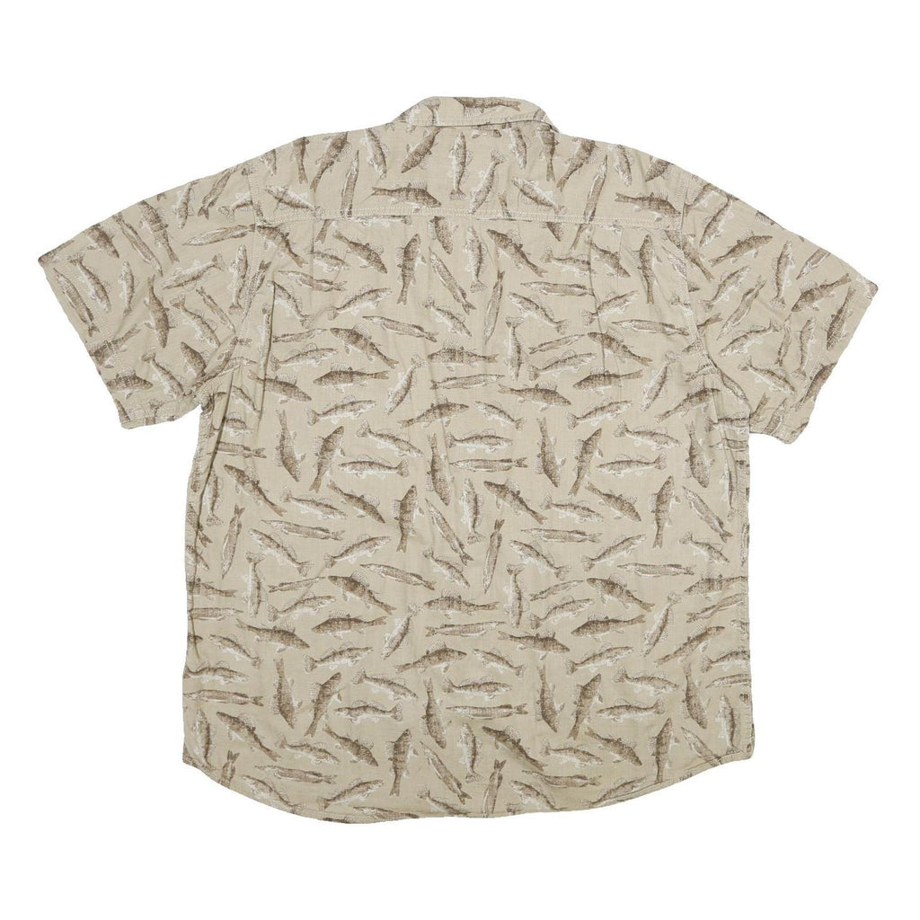 OUTDOOR LIFE Mens Beige Fish Pattern Short Sleeve Cotton Shirt XL Casual