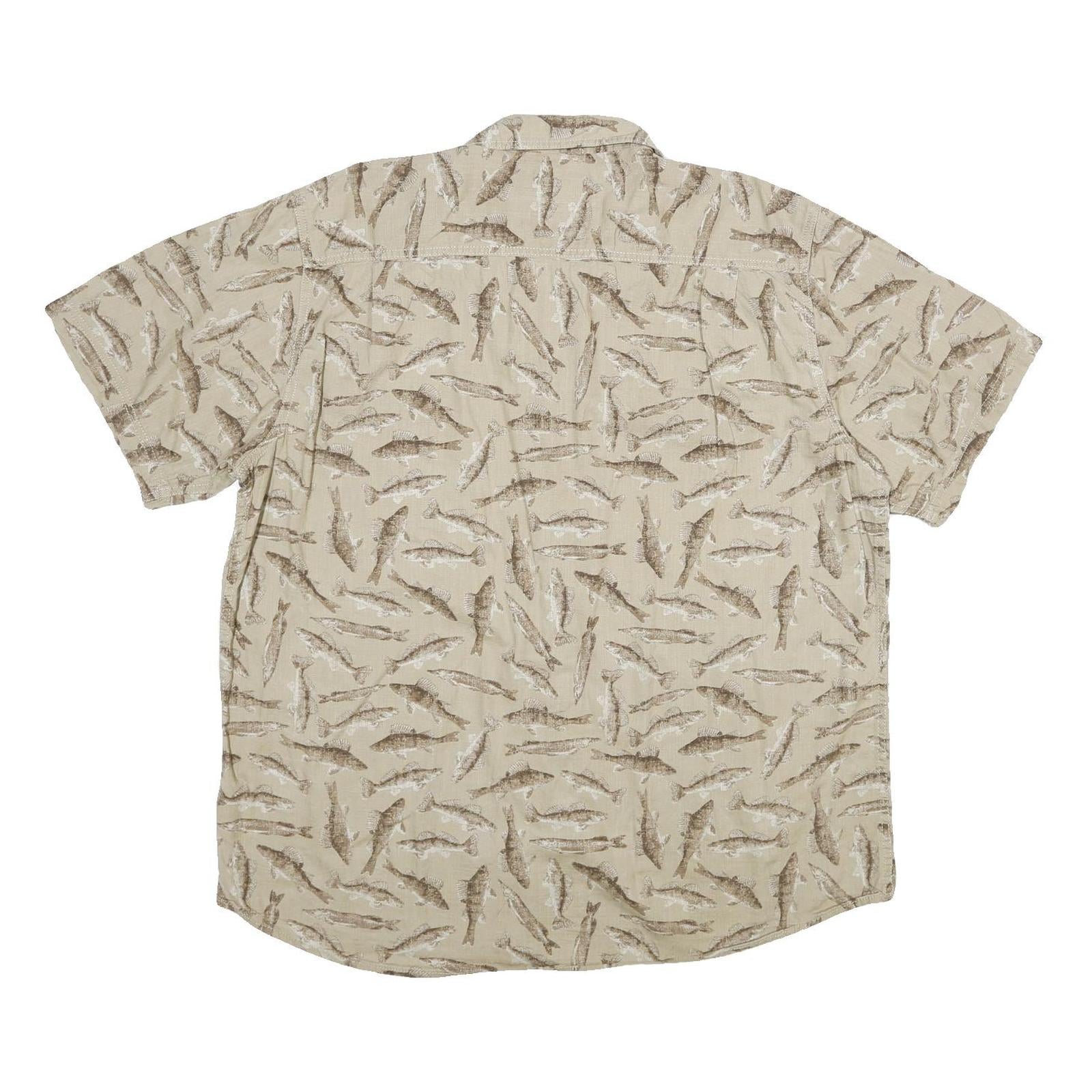 OUTDOOR LIFE Mens Beige Fish Pattern Short Sleeve Cotton Shirt XL Casual
