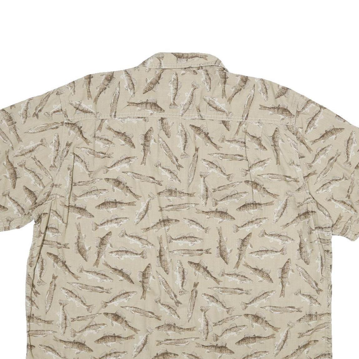 OUTDOOR LIFE Mens Beige Fish Pattern Short Sleeve Cotton Shirt XL Casual