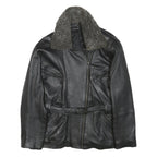 Womens Black Leather Jacket S Zip Faux Shearling Collar Classic Biker Outerwear