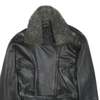 Womens Black Leather Jacket S Zip Faux Shearling Collar Classic Biker Outerwear