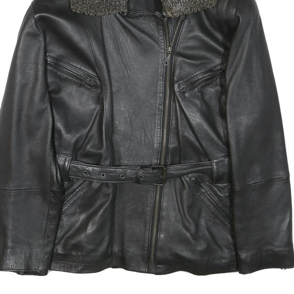 Womens Black Leather Jacket S Zip Faux Shearling Collar Classic Biker Outerwear