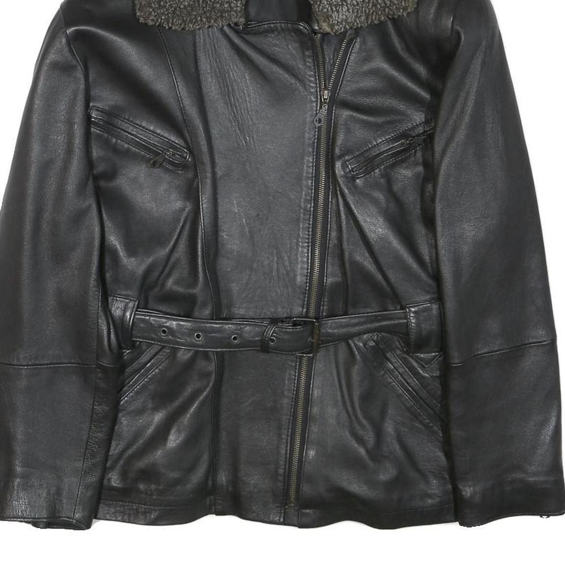 Womens Black Leather Jacket S Zip Faux Shearling Collar Classic Biker Outerwear
