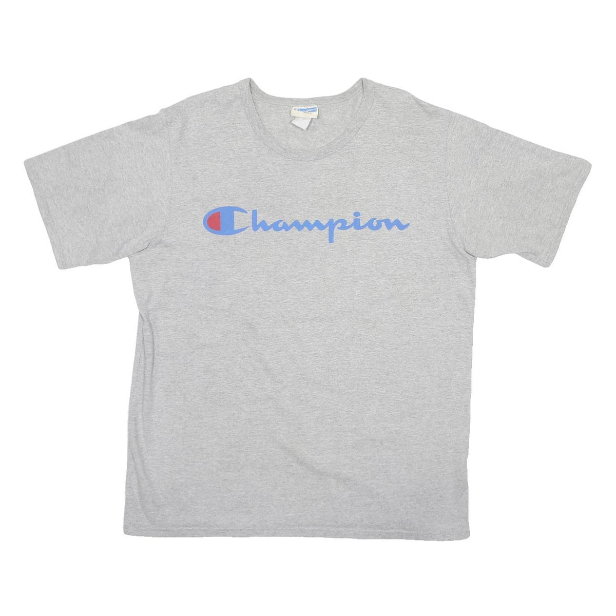 CHAMPION Mens Grey Blue Script Logo T-Shirt XL Short Sleeve Crew Neck