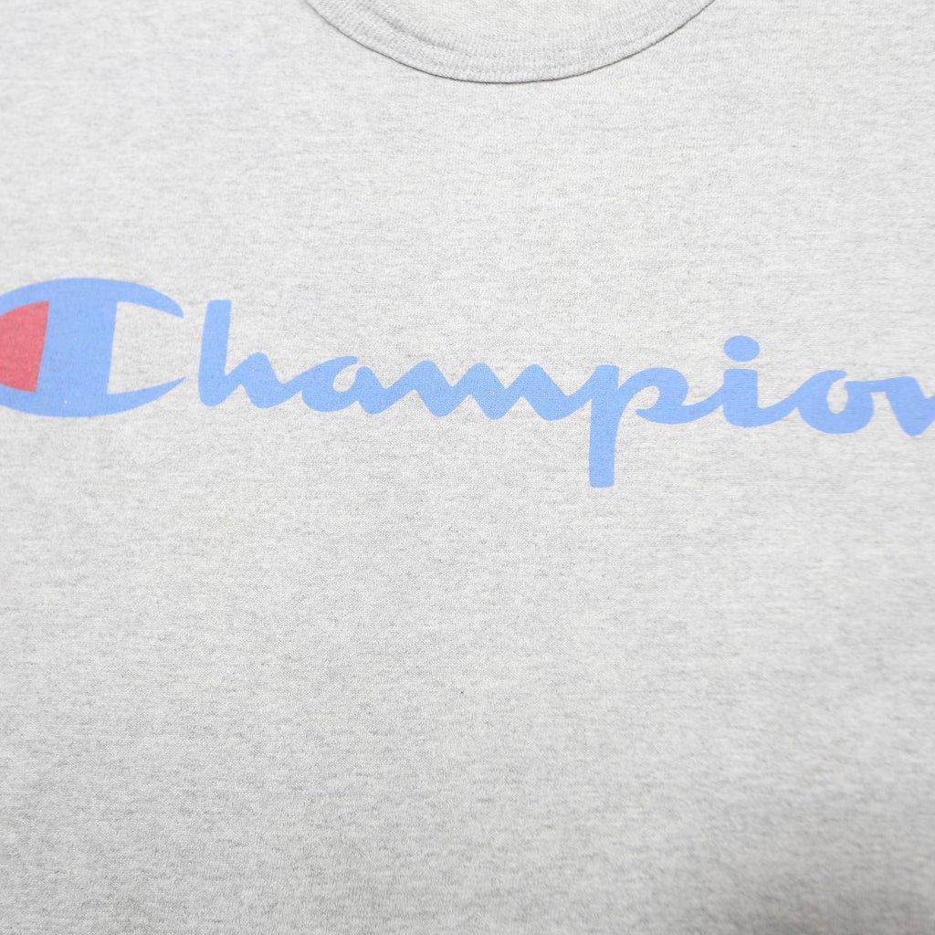 CHAMPION Mens Grey Blue Script Logo T-Shirt XL Short Sleeve Crew Neck