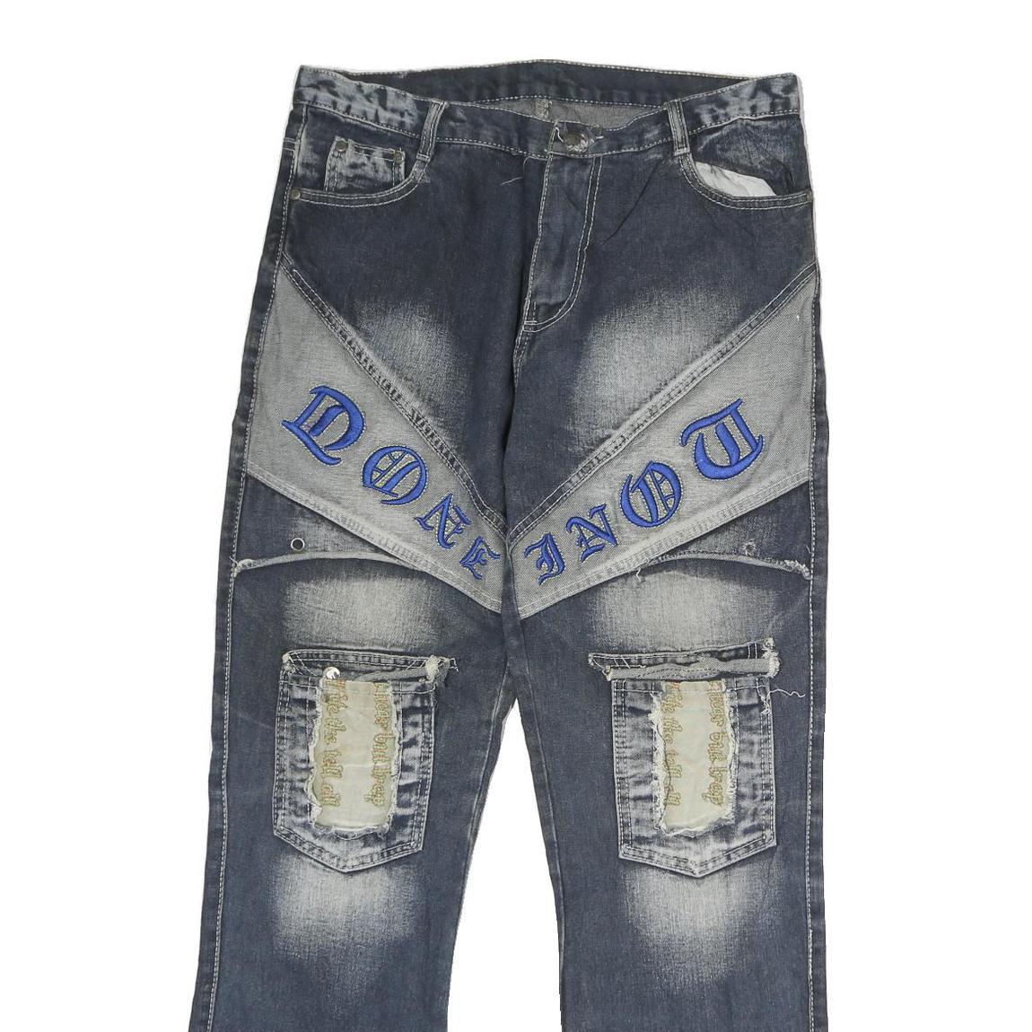 HENG XING Mens Jeans Blue Regular Straight Denim Medium W32 L30 Distressed