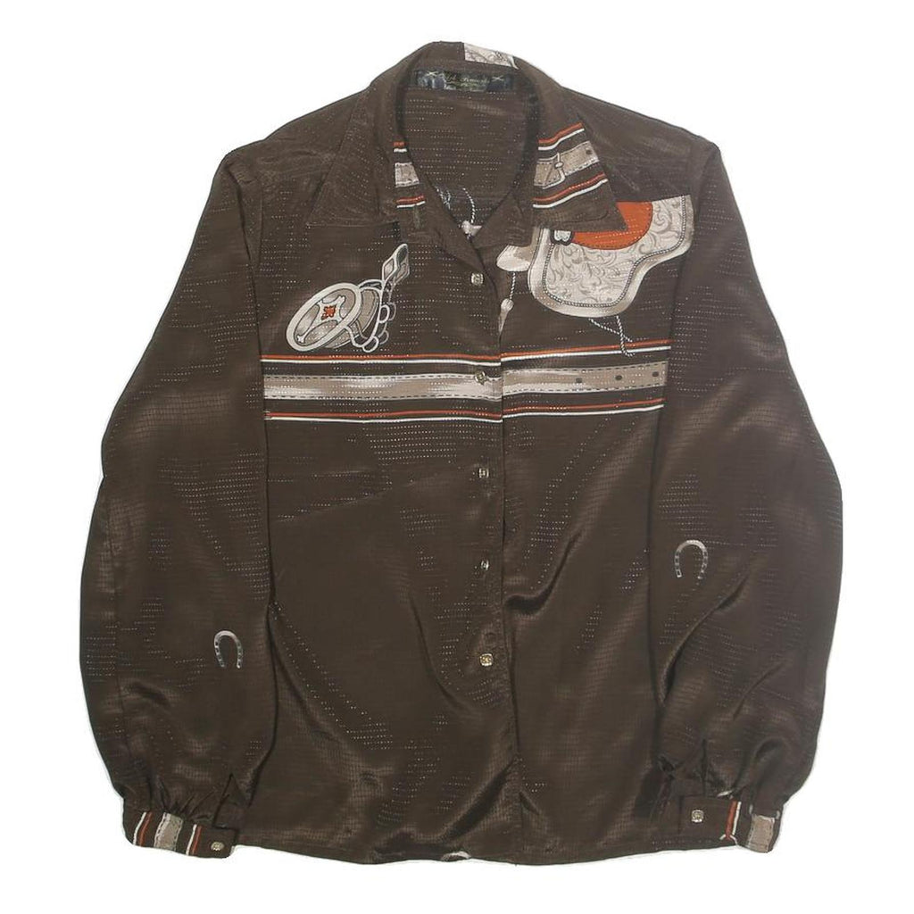 ARK REWORKS Womens Brown Printed Shirt Long Sleeve Collared M Satin Retro Design
