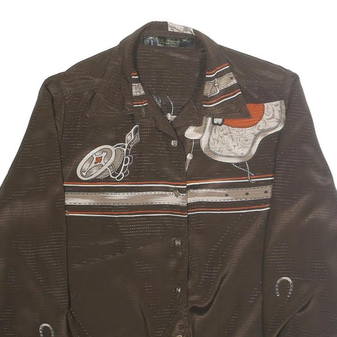 ARK REWORKS Womens Brown Printed Shirt Long Sleeve Collared M Satin Retro Design