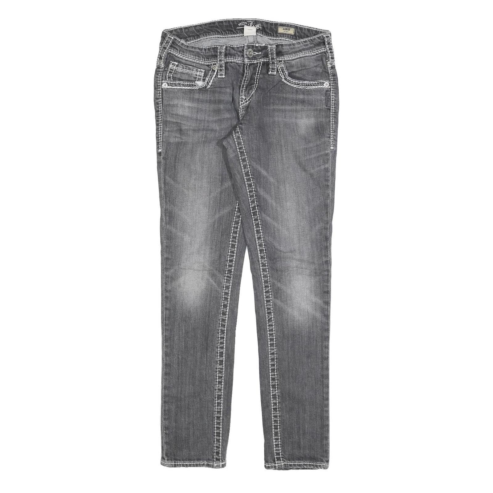 SILVER Womens Slim Grey Denim Slim Jeans W28 L30 Stylish Stitching Zip Closure