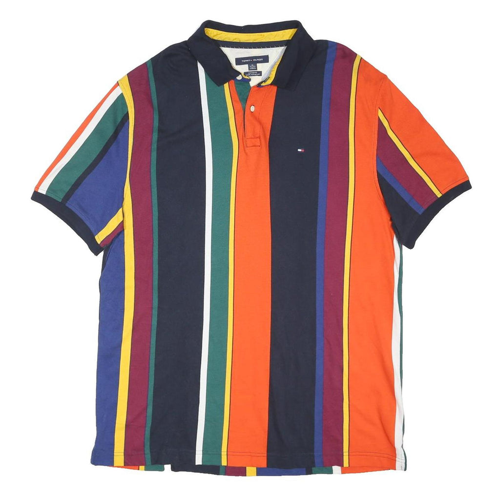 TOMMY HILFIGER Mens Navy & Orange Striped Polo Shirt XL Cotton Blend Casual
