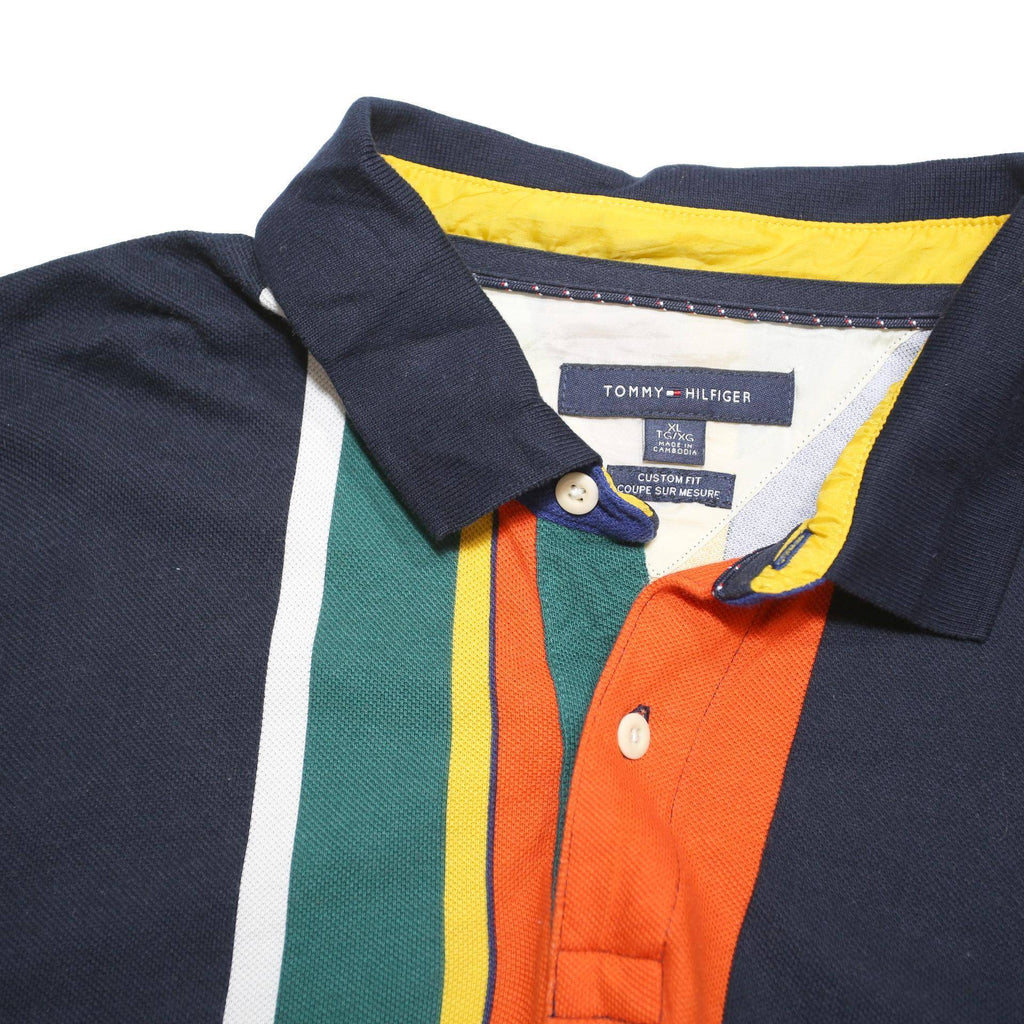 TOMMY HILFIGER Mens Navy & Orange Striped Polo Shirt XL Cotton Blend Casual