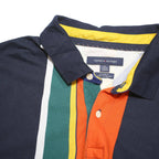 TOMMY HILFIGER Mens Navy & Orange Striped Polo Shirt XL Cotton Blend Casual